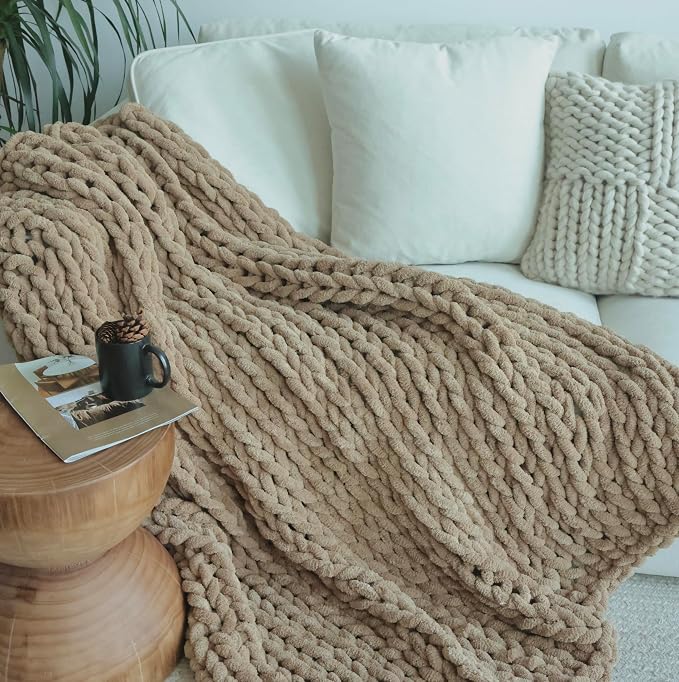 Maetoow Tighter Version Chenille Chunky Knit Blanket Throw,60×80,Khaki