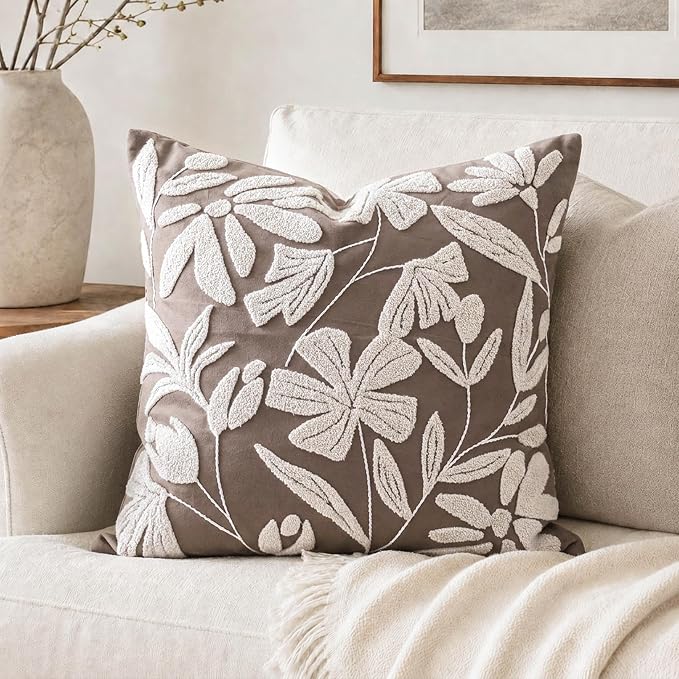Decorative Throw Pillow Cover 20x20 Inch, Taupe Brown Floral Tufted Velvet Accent Pillow Case for Sofa Bed Living Room, Cover Only