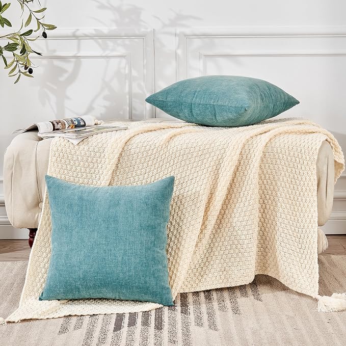 GAWAMAY Decorative Square Throw Pillow Covers 20"x20" Inch Set of 2, Super Soft Chenille Pillows Farmhouse Fall Pillowcase for Living Room Bedroom Sofa Couch Cushion Cover Smoke Blue 50x50cm