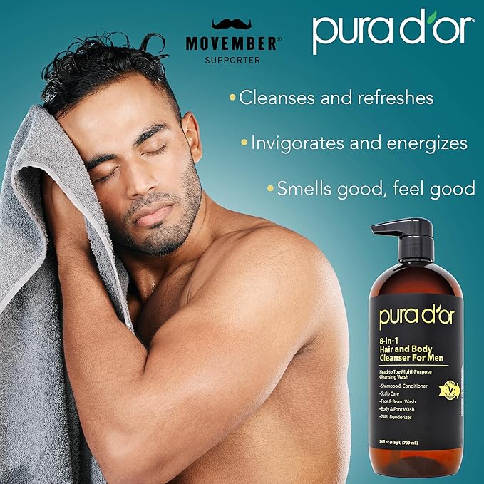PURA D'OR 24 Oz 8-in-1 Hair & Body Cleanser For Men – Sulfate-Free, Multi-Use Wash for Hair, Face, Beard & Body, with Organic Aloe Vera, Cedarwood & Lemongrass, Energizing & Deodorizing Formula