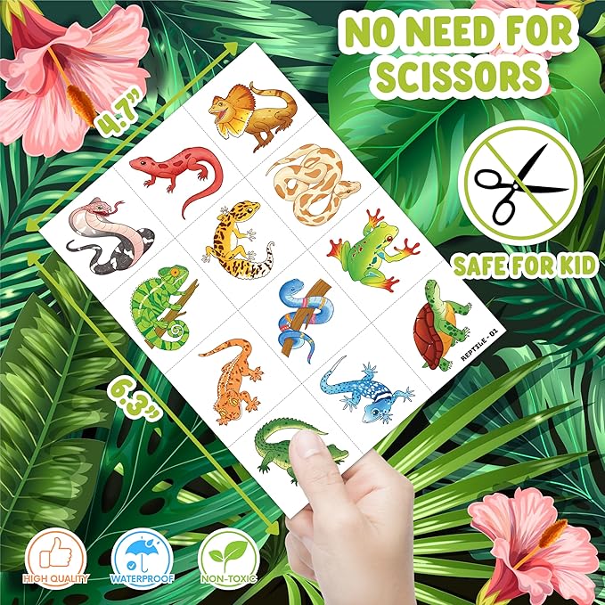 96 PCS Reptile Animal Safari Jungle Lizard Pre-Cut Temporary Tattoos for Kids | Super Cute Themed Birthday Party Favors, Supplies, Decorations, Fake Tattoo Stickers (Multiple)
