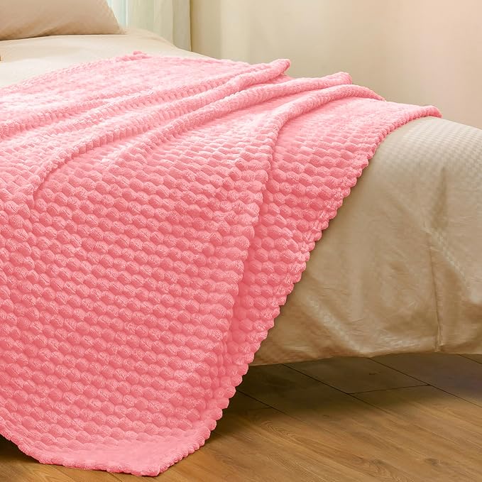 Vessia Flannel Fleece Throw Blanket(50x70 inch), 3D Jacquard Pink Fuzzy and Warm Blanket for Couch,Sofa,Bed,Chair, 300GSM Super Soft Touch Cozy Lightweight Throw for All-Season Home Decor