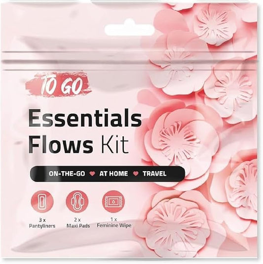 Essential Flows Kit – 3 Pantiliners, 2 Maxi Pads & 1 Feminine Wipe in Compact Zip Bag – Thin, Light, and Travel-Ready for Women & Girls – Single Pack (Pink)