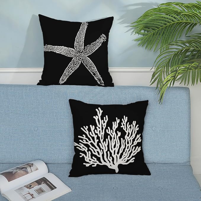 Coastal Pillow Covers 18x18 Set of 2 Black Starfish Throw Pillows Nautical Ocean Decorations Summer Beach Coral Pillowcase Outdoor Decor Linen Farmhouse Square Cushion Case for Sofa Bedroom
