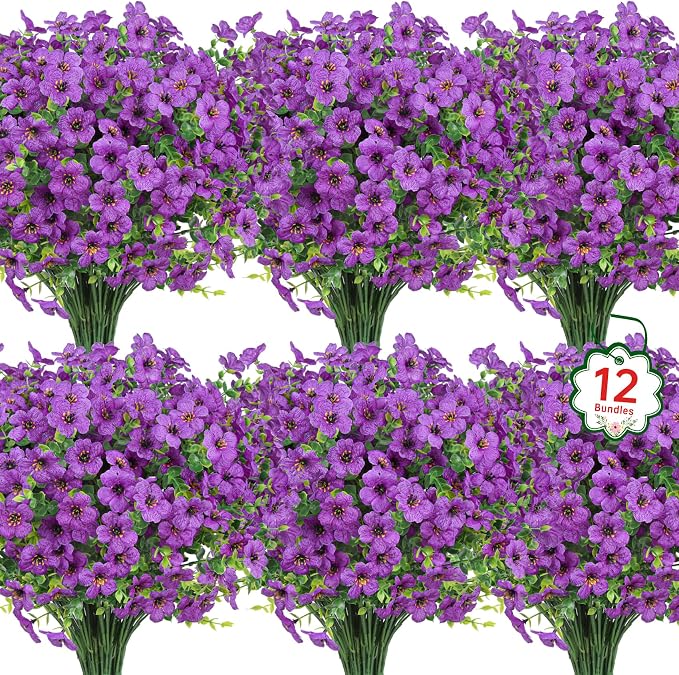 24 Pcs Artificial Flowers for Outdoors Decorations, Purple | Lifelike silk flowers, UV resistant, faux plastic plants, for garden porch window table vase home indoor outdoor decor
