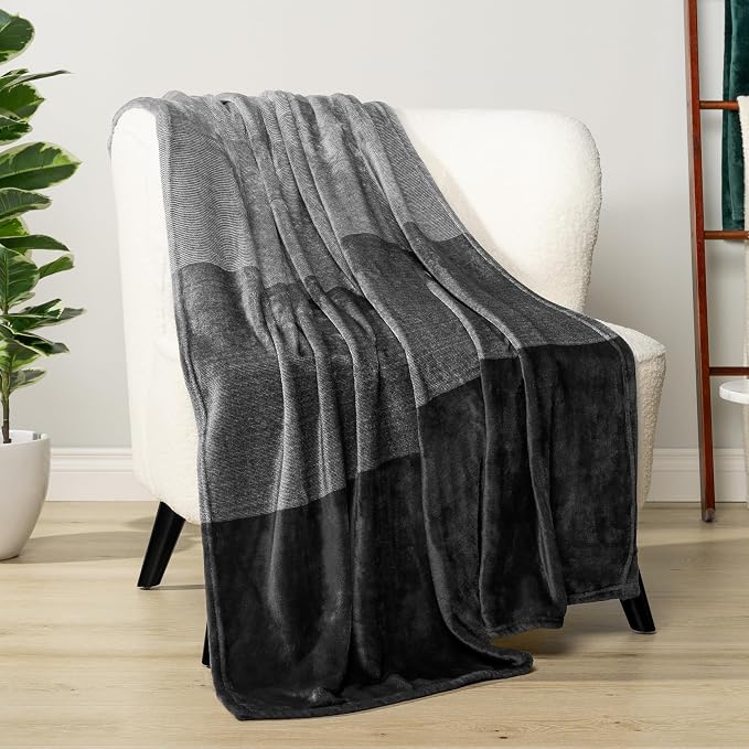 PAVILIA Black Ombre Fleece Throw Blanket for Couch Sofa Bed, 60x80 Twin | Gradient, Soft Plush Flannel Fleece, Lightweight Accent Blanket, Warm All Season, Machine Washable, Cozy Decor Gift