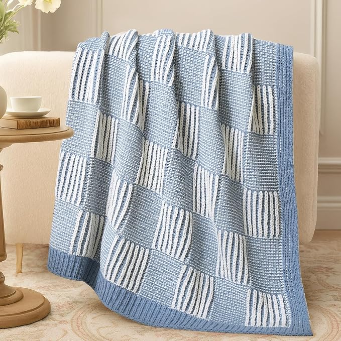 Knit Throw Blanket, Soft Chenille Cozy Breathable Dual Tone Checkered Chunky Decorative Blanket for Couch, Bed & Sofa, French Lightweight Warm Gift for Women, Washed Blue, 60"x80"