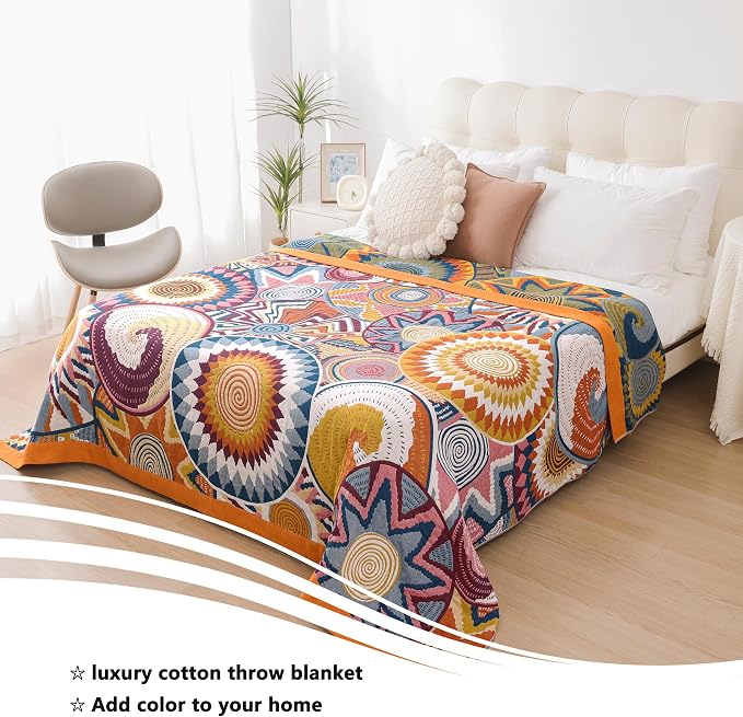 VANJOROY Boho Throw Blanket, 100% Organic Muslin Cotton Skin-Friendly Breathable Ultra Soft Bed Quilt Throw - All Season Decor Colorful Blanket for Sofa Couch Chair and Gift. 91" x 108"