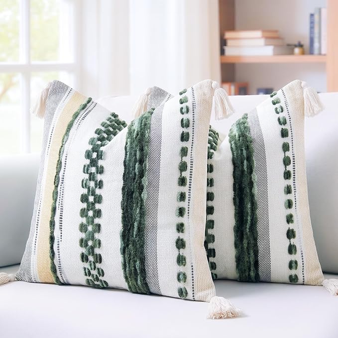 PANOD Chenille Farmhouse Throw Pillow Covers 16 x 16 Dark Green, Neutral Boucle Couch Pillow Cover, Striped Decorative Boho Coushion Cover Pillow Case for Couch Bed Sofa Bedroom,Modern Accent,Set of 2