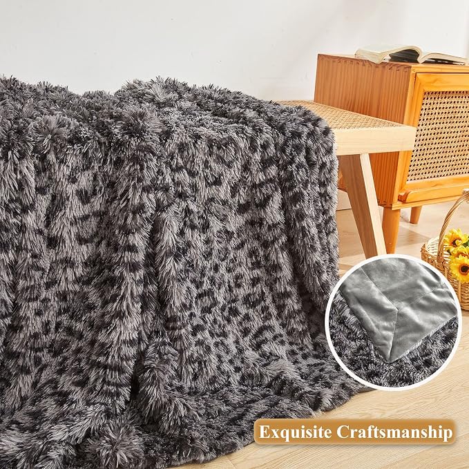 XeGe Luxury Faux Fur Leopard Print Blanket, Soft Cheetah Print Fluffy Bed Throw, Shaggy Plush Decorative Couch Blanket, Furry Animal Print Fuzzy Throw for Sofa Bed Couch, Light Grey, 60x80