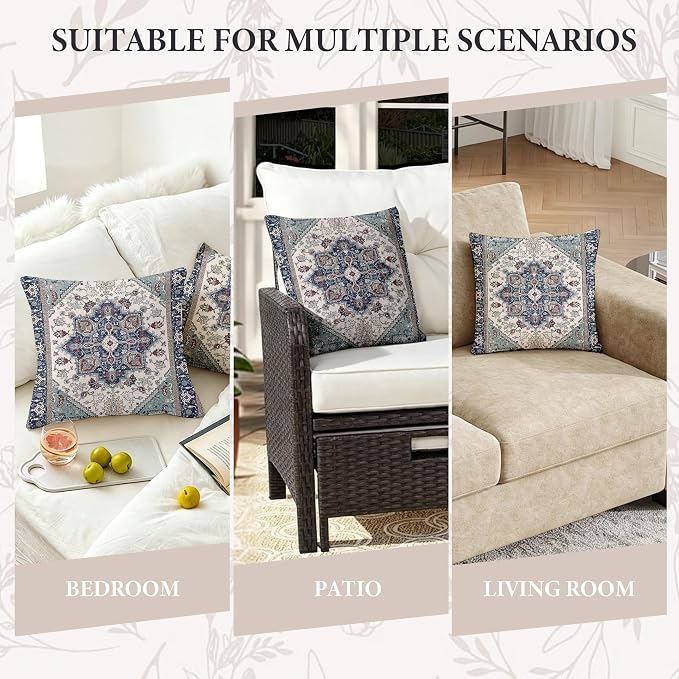 Boho Throw Pillow Covers 18x18 inch Set of 2,Soft Pillowcases Bohemia Carpet Printing Pattern Decorative Sofa Living Room Bed Square Pillow Case Cushion Cover-Blue Cyan
