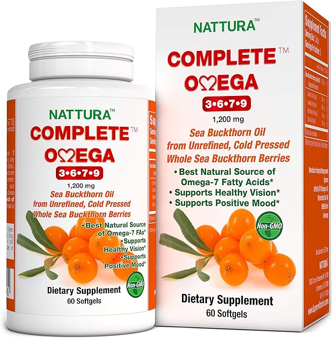 Nattura Complete Omega 3-6-7-9, Pure Sea Buckthorn Oil, European Quality, from Unrefined, Cold Pressed Whole Sea Buckthorn Wild Berries - 1,200mg - 2 Bottles