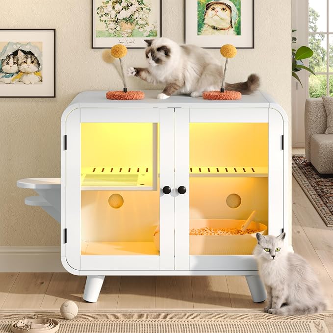 Cat Litter Box Enclosure with RGB LED Light, Hidden Cat Litter Box Furniture with Glass Doors, Cat House with Stairs and Pom-Pom Toys, Cat Washroom Pet Storage Cabinet with Litter Leak Walkway