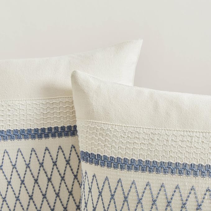 2 Pack Boho Throw Pillow Covers, Grid Blue 18x18in | Soft Breathable Cotton, Farmhouse Decorative Couch Pillow Cases, Cushion Covers for Sofa Bed Living Room Home Decor