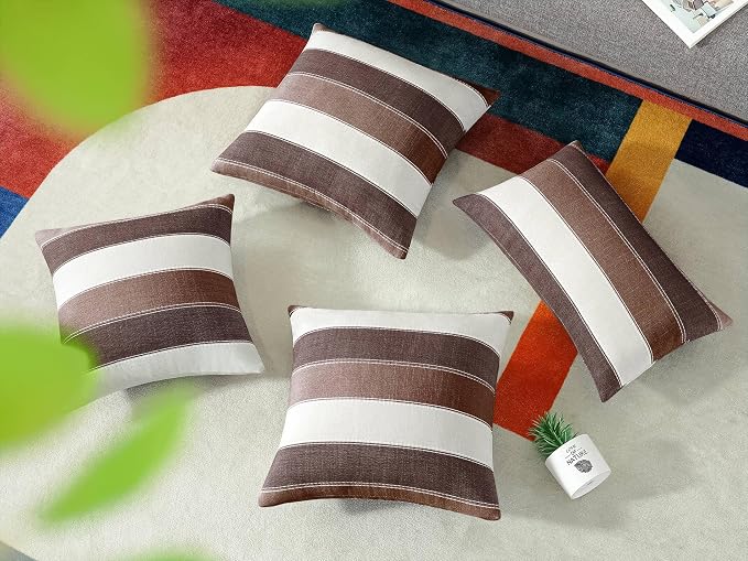 Pack of 2 Farmhouse Stripe Check Throw Pillow Covers Set Case Cotton Linen Decorative Pillowcases Cushion Cover for Couch Bench Sofa 12x20Inch Brown