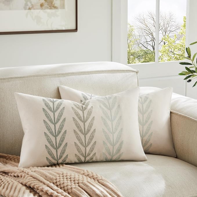 Farmhouse Leaves Lumbar Pillow Covers Set of 2, 12x20in Mixed Green | 100% Organic Cotton, Rustic Accent Print Pillow Case, Pastoral Decorative Cushion Covers for Sofa Bed Living Room Home Decor