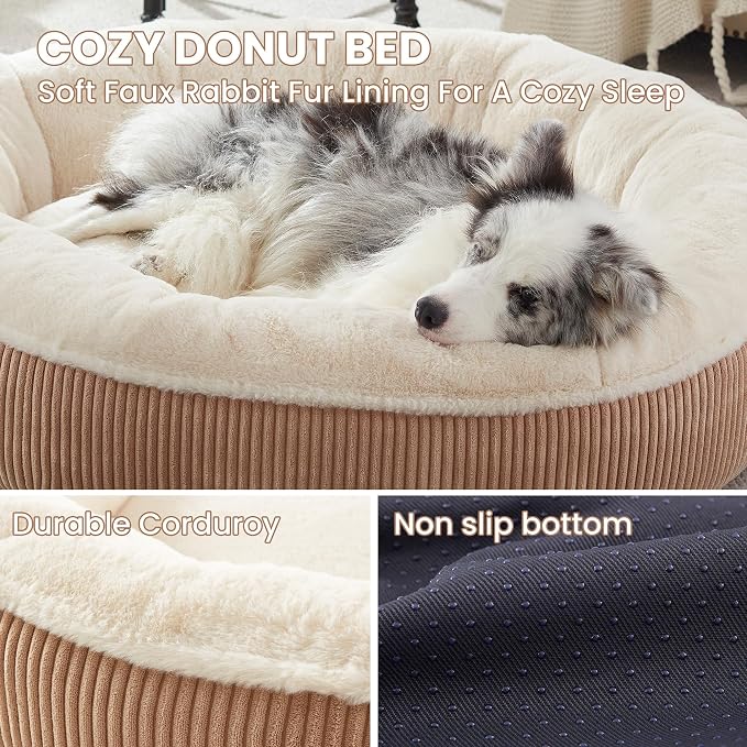 45 inches Calming Donut Dog Bed for Extra Large Dogs,Brown | Round Jumbo Pet Bed with Removable&Washable Cover,Plush Faux Fur & Corduroy, Fits Pets up to 100 lbs