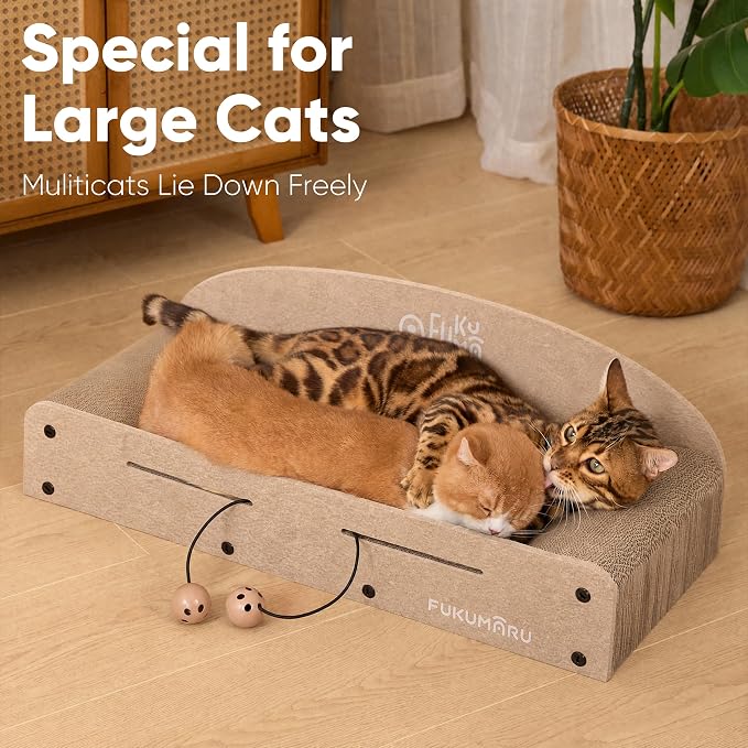 FUKUMARU Large Cat Scratcher Bed, 26 Inch Cat Scratching Bed Sofa Indoor | Cardboard Cat Scratcher with 2 Reversible Scratch Pad Refills, Durable Large Cat Scratching Lounger with Ball Toy, Beige