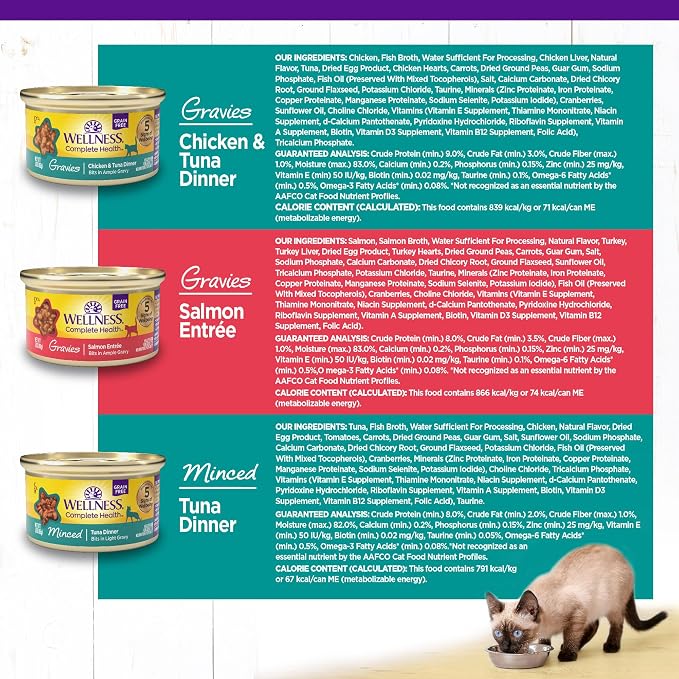 Wellness Complete Health Gravy and Minced Variety Pack Adult Canned Wet Cat Food, Natural, Protein Rich, Grain Free, Salmon, Tuna, and Chicken Recipes, 3 oz, Pack of 12 Cans