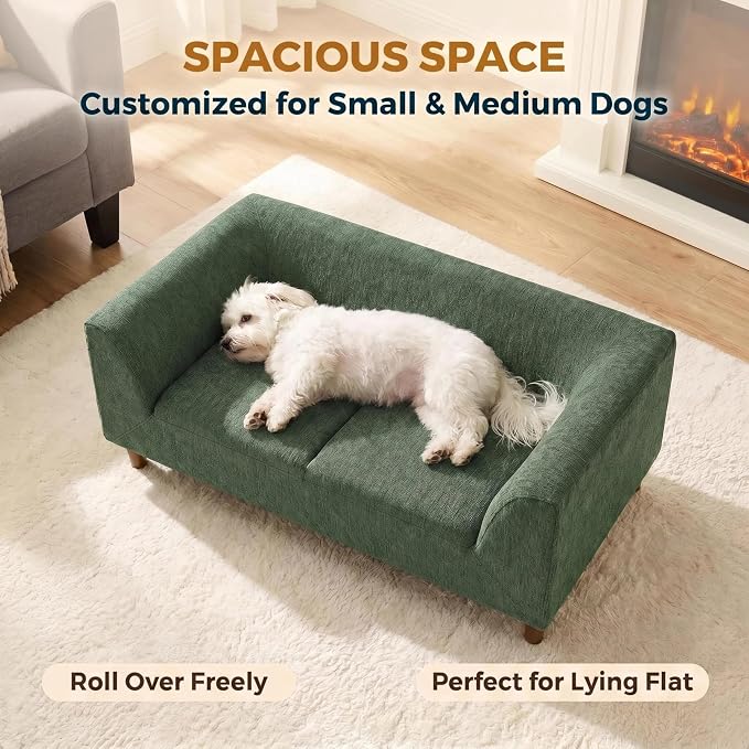 39.75 “x 22.5 “ Dog Sofa for Small Medium Dogs | Elevated Base | Breathable Linen Fabric | Armrest & Backrest | Plush Thick Cushion|Easy to Clean | Olive Green
