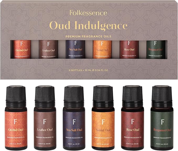 Folkulture Essential Oils Set for Diffuser | Set of 6 Luxury Floral & Oud Fragrance Oils | Orchid Oud, Rose Oud & Warm Sensual Blends | Aromatherapy & Home Fragrance Gift Set