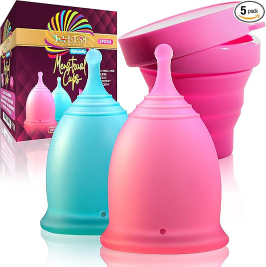 Talisi Menstrual Cups Set of 2 with Collapsible Silicone Foldable Sterilizing Cup - Tampon and Pad Alternative - Feminine Menstruation Soft Reusable Period Cup for Regular Heavy Flow with Sterilizer