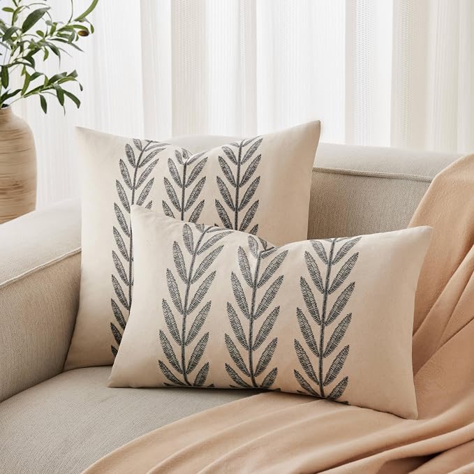 Farmhouse Leaves Throw Pillow Covers Set of 2, 24x24in Black | 100% Organic Cotton, Rustic Accent Print Pillow Case, Pastoral Decorative Cushion Covers for Sofa Bed Living Room Home Decor