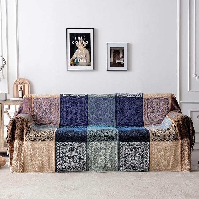 Boho Throw Blanket, Chenille Jacquard Tassels Throw Blankets for Bed Couch Sofa Chair，Bohemian Decor Couch Cover (Purple, Large 86 * 102Inches)