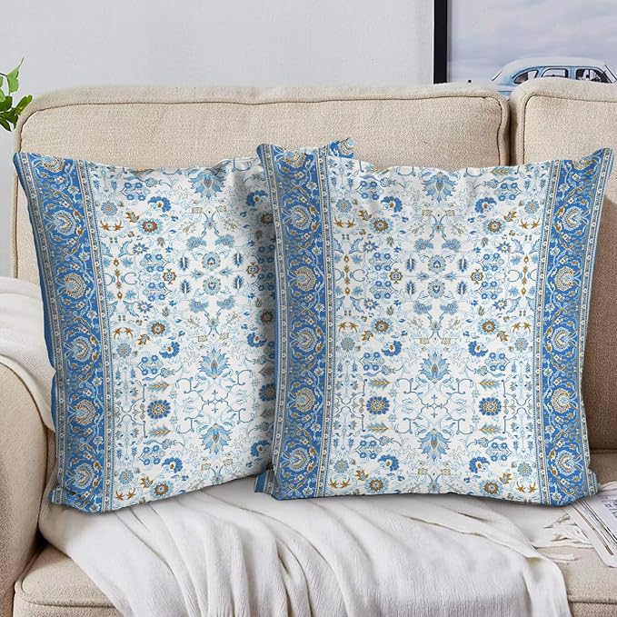 Boho Floral Throw Pillow Covers 18x18 inch Set of 2,Blue Boho Rug Geometric Floral Pattern Decor Double Sided Pattern Cushion Cover Soft Pillow Case Living Sofa Room Bed Square Pillow Cover