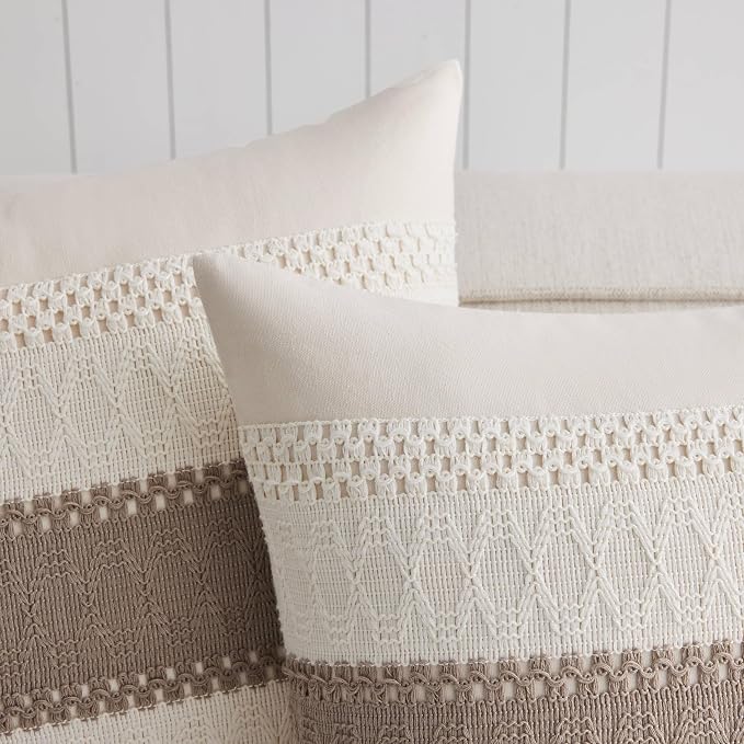 2 Pack Boho Throw Pillow Covers, Contrast Cocoa Brown 20x20in | Soft Breathable Cotton, Farmhouse Decorative Couch Pillow Cases, Cushion Covers for Sofa Bed Living Room Home Decor