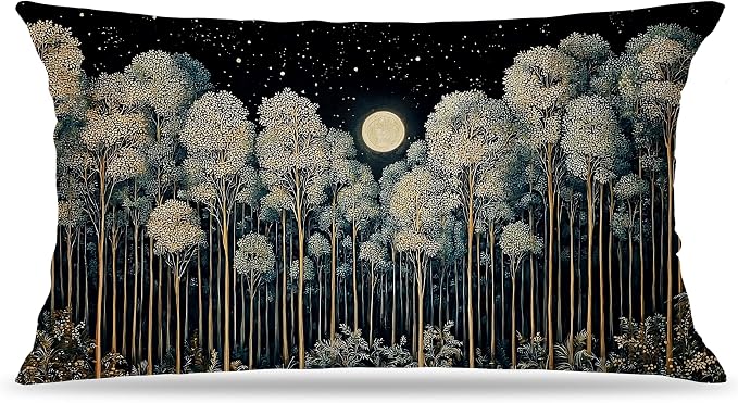 Rustic William Morris Inspired Night Forest Green Moon Pillow Covers 12x20 Double-Sided,Vintage Botanical Nature Landscape Decorative Throw Pillow Covers for Home Bedroom Living Room
