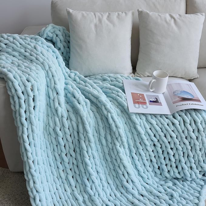 Maetoow Chenille Chunky Knit Blanket，Handmade Cozy for Home Decor，60×80，Baby Blue