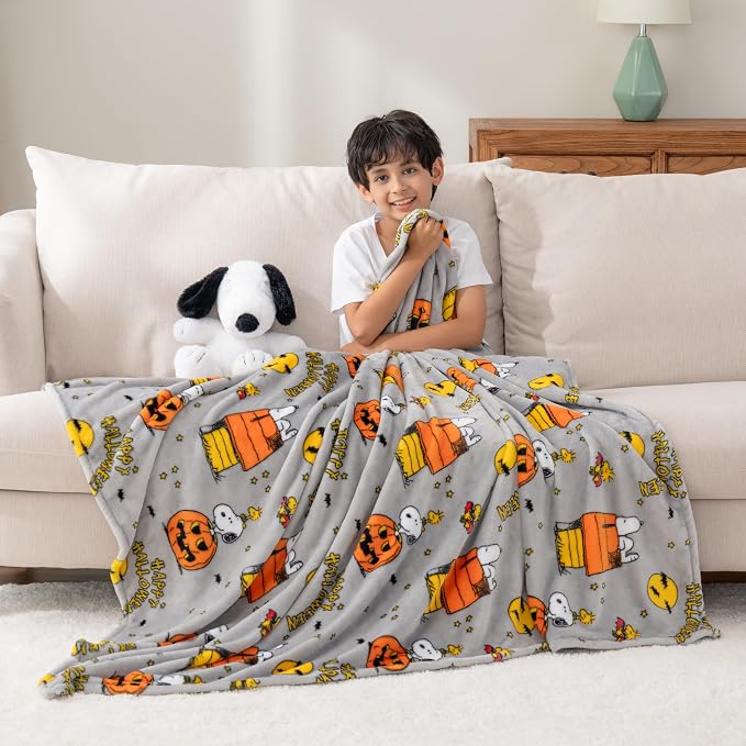 Berkshire Blanket Peanuts® VelvetLoft® Cute Character Snoopy Plush Oversized Throw Blanket, Peanuts Snoopy and Woodstock Happy Halloween Spooky Chateau Grey (50in x 60in)