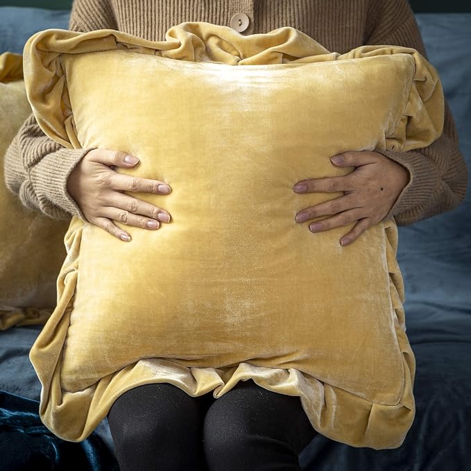 GLORY SEASON Velvet Throw Pillow Cover Soft Decorative Luxurious Solid Square Cushion Case for Sofa Couch Bedroom Farmhouse,Pack of 2, 18 x 18 Inches, Butter Yellow