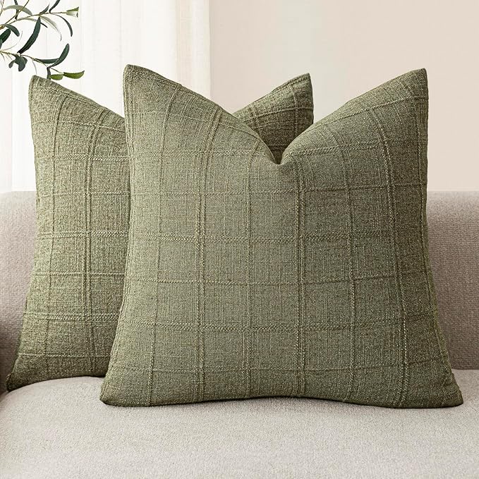 Foindtower Set of 2 Decorative Linen Check Throw Pillow Covers Neutral Farmhouse Vintage Cushion Covers Modern Boho Home Decor for Sofa Chair Couch Bedroom Living Room,22×22 Inch,Sage Green