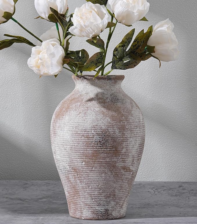 Ceramic Flower Vase Home Decor, 9 in Farmhouse Table Vase Retro Vintage Living Room Kitchen Bedroom Decoration Pottery Decorative Vases for Flowers Shelf Office Coffee Desk Dining Entryway, Classic