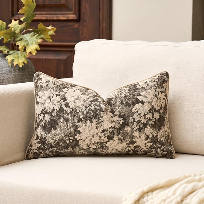 Neutral Floral Pillow Cover 12 x 20 Inches, Vintage Chenille Rectangle Throw Pillow Cover Soft Decorative Farmhouse Accent Couch Pillow Cover for Living Room Bedroom, Grey