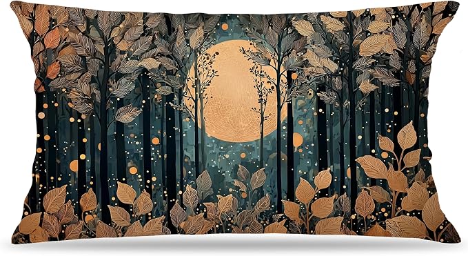 Rustic William Morris Style Gold Moon Pillow Covers 20x12,Vintage Black and Gold Forest Moon Botanical Nature Landscape Decorative Throw Pillow Covers for Home Bedroom Living Room
