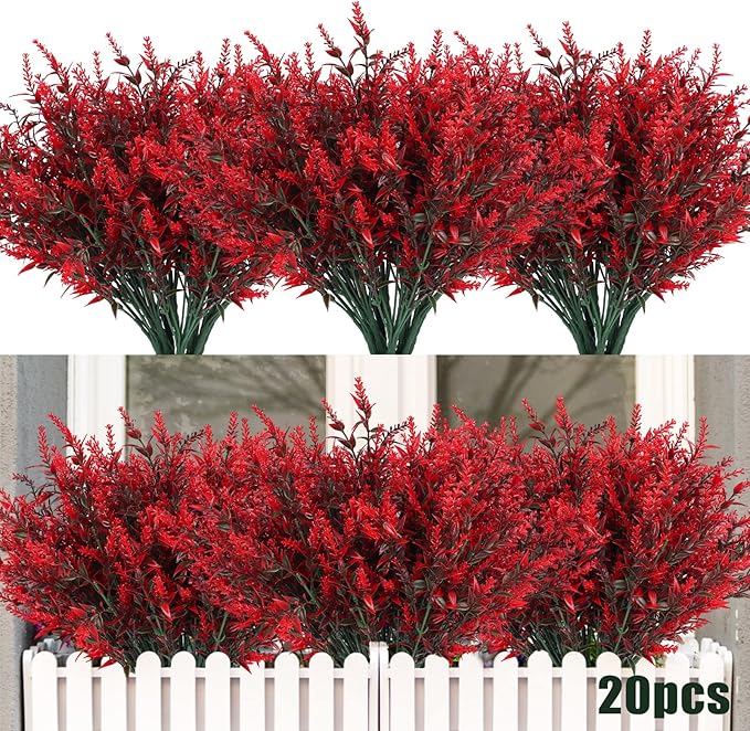 RECUTMS Artificial Outdoor Plant UV Resistant Artificial Greenery Lavender | 20 Bundles UV Resistant Hanging Planter Red Flora Fence Indoor Outside Decor Wedding Table Flowers Arrangement Bouquet Filler