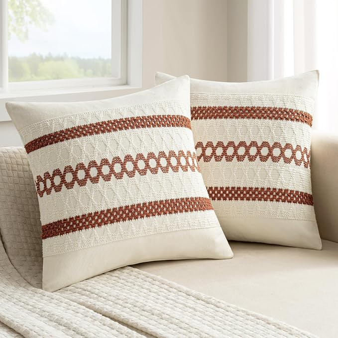 MIULEE Set of 2 Fall Rust Decorative Pillow Covers 18x18 | Farmhouse Boho Couch Throw Pillows, Modern Cotton Cushion Covers, Macrame Woven Home Decor for Bed Sofa Chair