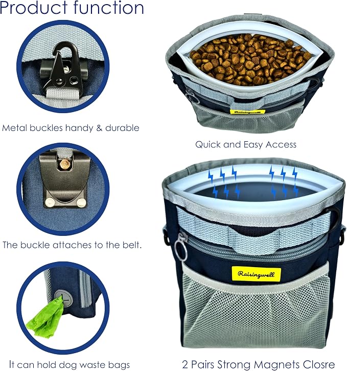 Raisingwell Dog Treat Pouch with Magnetic Closure 4-Cup Silicone Bag Fanny Pack Holder with Clicker 4 Ways to Wear Front Pocket Fits All Phones Ideal for Leash, Pet Walking and Training（Blue）