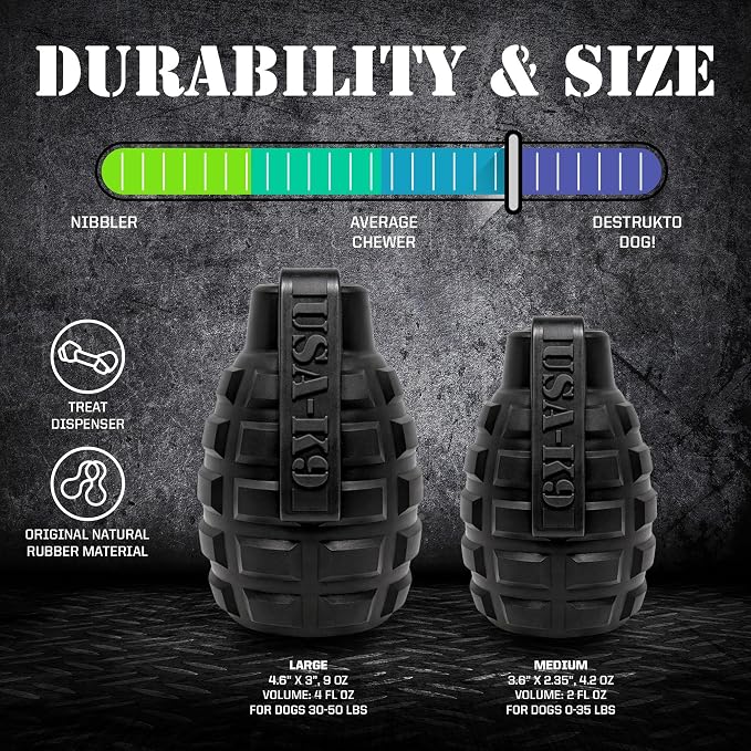 SodaPup USA-K9 Grenade – Durable Dog Treat Dispenser and Chew Toy Made in USA from Non-Toxic, Pet Safe, Food Safe Natural Rubber Material for Mental Stimulation, Problem Chewing, Calming Nerves & More