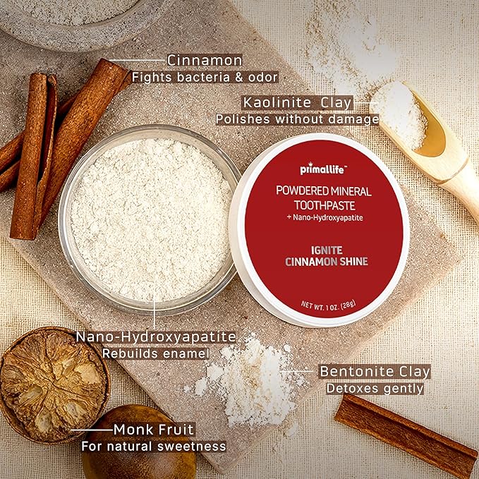 Primal Life Organics - Dirty Mouth Toothpowder, Flavored Essential Oils with Natural Kaolin & Bentonite Clay, Organic, Vegan (1 Ounce (Pack of 1), Ignite Cinnamon)