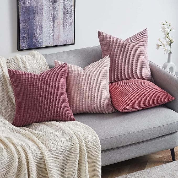 Topfinel 4 Packs Pink Decorative Throw Pillow Covers 22x22 Inch for Living Room Couch Bed Sofa, Boho Western Farmhouse Home Decor, Square Soft Moss Corduroy Fall Cushion Case 55x55 cm