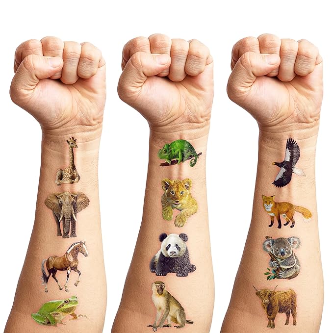 96 PCS Realistic Wildlife Jungle Animal Pre-Cut Temporary Tattoos Sticker Reptile Birthday Party Decorations Supplies Favors Gifts Boys Girls Zoo Cute Fake Tattoo School Reward Themed (Normal)