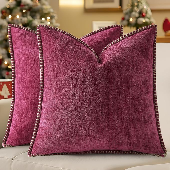decorUhome Soft Chenille Throw Pillow Covers 20x20 Set of 2 Rhododendron | Fall Textured Decorative Throw Pillow Cases Stitched Edge Modern Farmhouse Luxury Boho Velvet for Couch Sofa Bed Home Decor