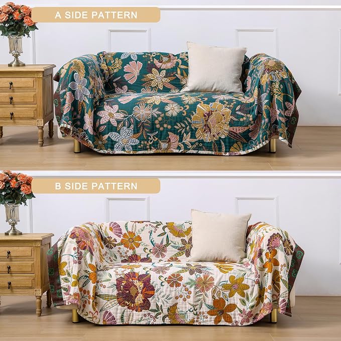 VANJOROY King Boho Throw Blanket for Bed, 100% Cotton Muslin Soft Throw-Floral Farmhouse Rustic Decor Blanket for Couch Sofa Quilt and Gift, 91" x 98"-BeigeWhite
