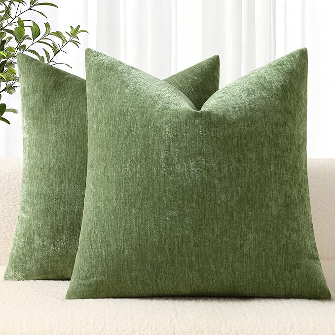 decorUhome Soft Chenille Olive Green Throw Pillow Covers 24X24 Set of 2 | Decorative Fall Couch Pillow Covers Solid Dyed Accent Modern Euro Sham Farmhouse Neutral Square Pillow Cases for Sofa