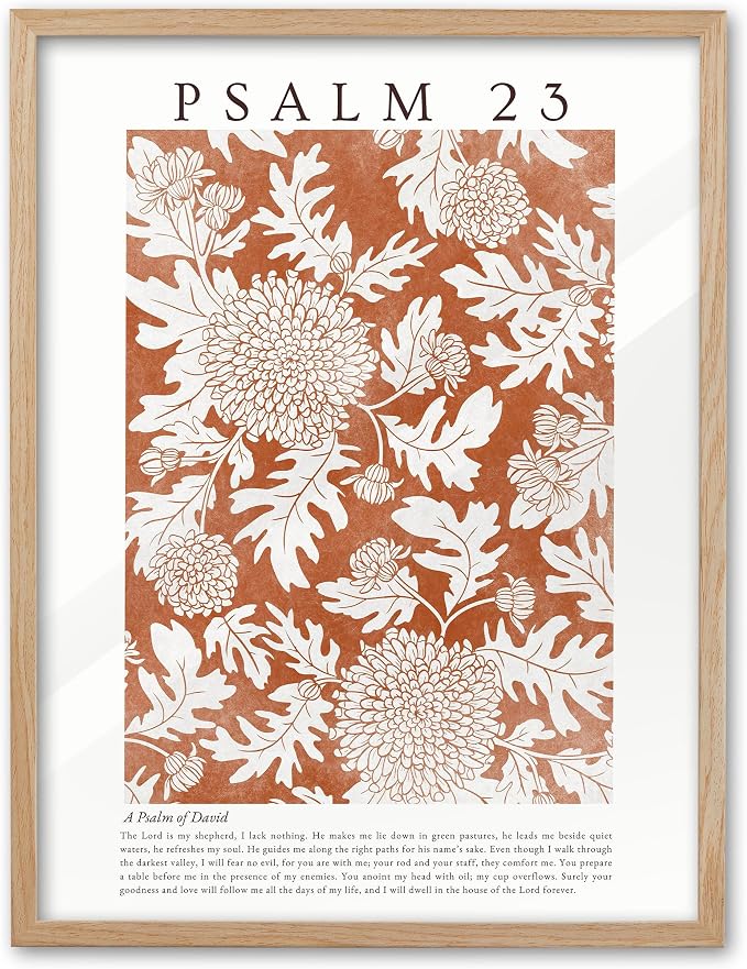 EcoHest 16x20 in Psalm 23 Orange Floral Botanical Framed Christian Wall Art | Solid Oak Wood Frame with Canvas Wall Art, Scripture Bible Verse Wall Decor for Bedroom, Living Room, Office, Church, 1Pack