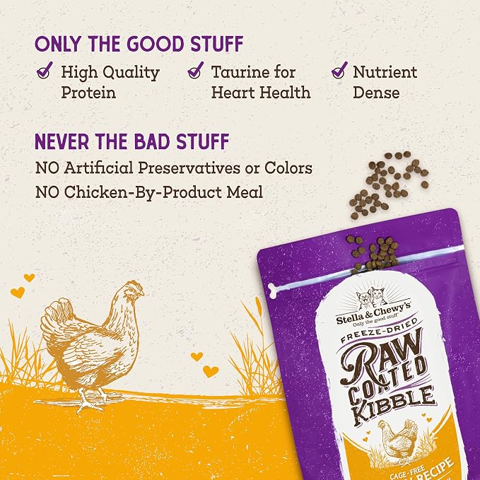 Stella & Chewy's Raw Coated Cat Food - High Protein, Grain-Free Kibble with Cage-Free Chicken - Premium Digestive Support with Probiotics - Natural Small Kibble - Perfect for Picky Eaters - 10 lb Bag